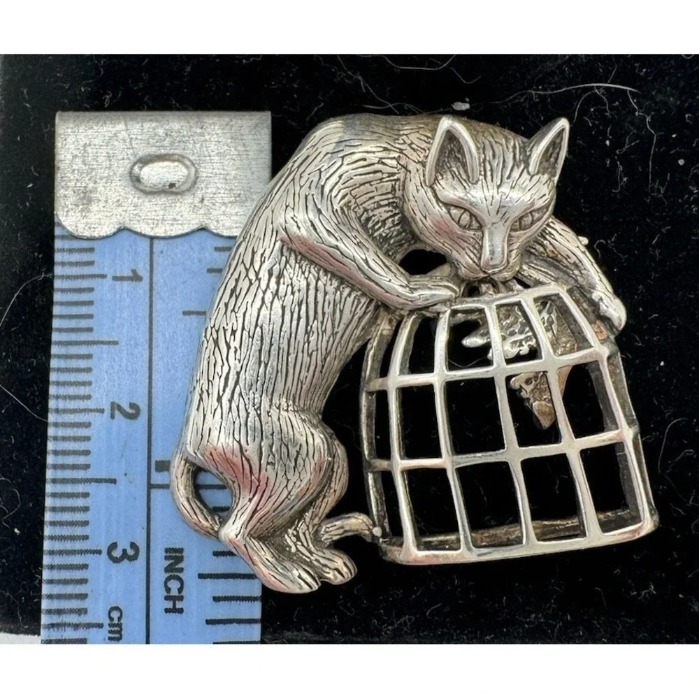 Vintage Jezlaine 925 Sterling Silver Cat on Birdcage Brooch Bird Swings Signed